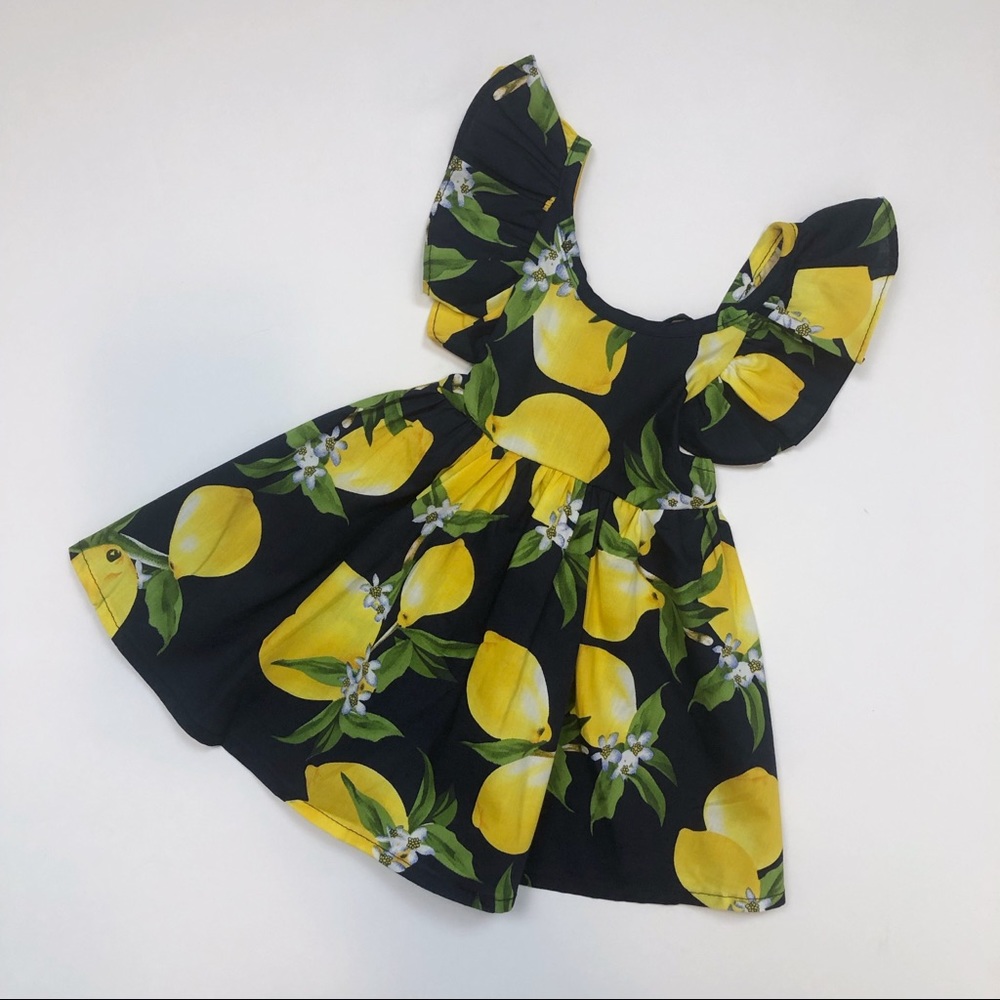 Toddler Girls Lemon Print Flutter Sleeve Dress - Picture 2 of 6
